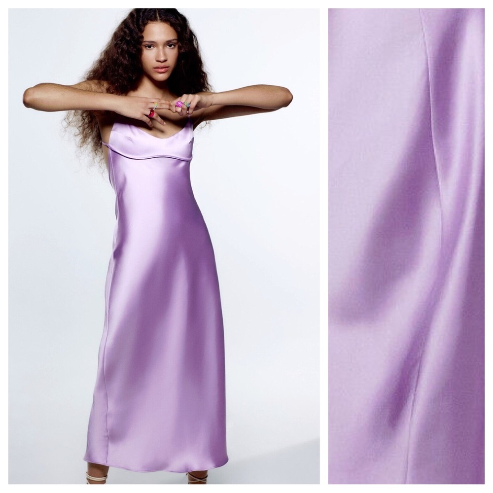 NWT. Zara Lilac Satin Effect Midi Dress. Size L. - Picture 2 of 9